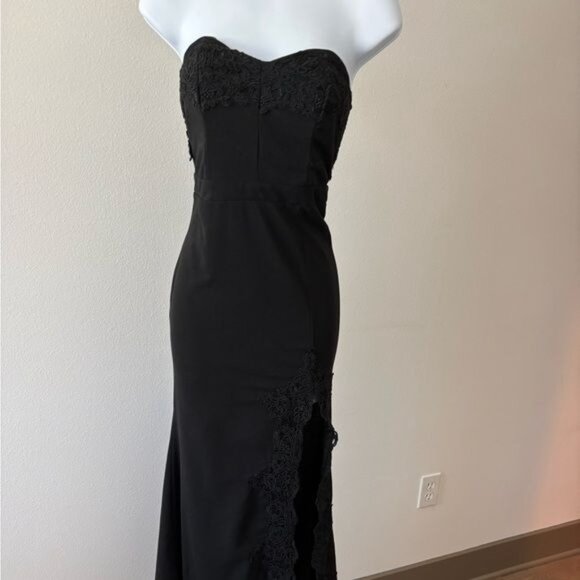 Strapless Gown Medium Lace Slit Flare Old Hollywood Glam Gothic Dark Feminine - Picture 2 of 12